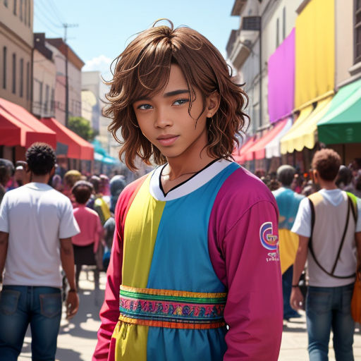 a young man with a colorful shirt on standing in a crowded street with people walking around him and a building in the background