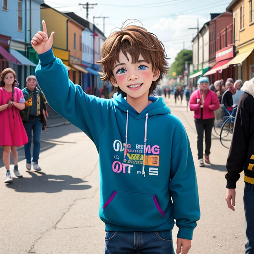 a young boy in a blue hoodie is waving to the crowd on a street with a group of people walking by