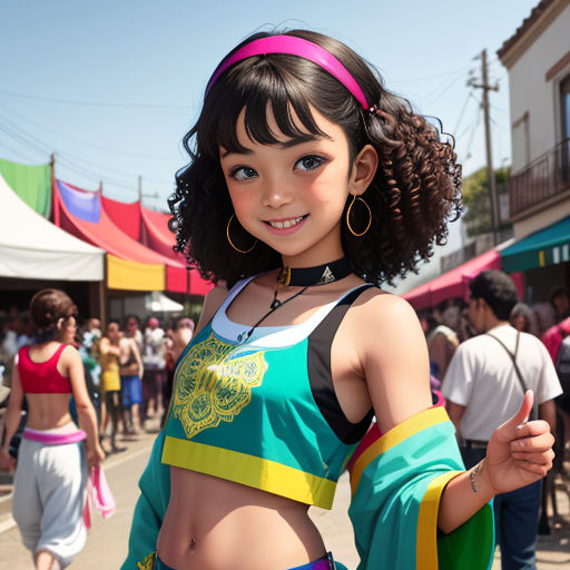 a young girl in a colorful outfit is standing in the street with a crowd of people behind her and a tent in the background