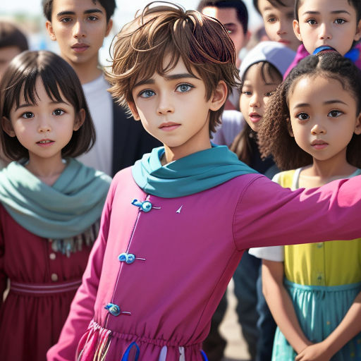 a group of children standing next to each other in front of a crowd of people wearing dresses and scarves