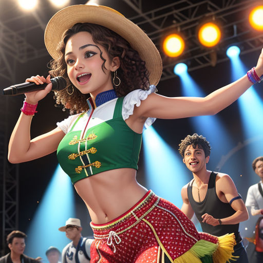 a woman in a green top and red skirt dancing on stage with a microphone and a man in a hat
