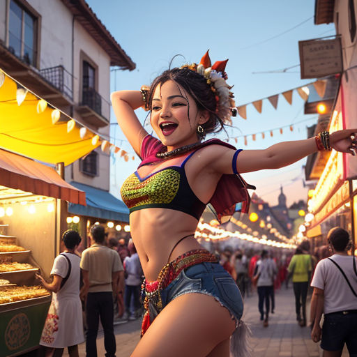 a woman in a bikini dancing in a street with people walking around and a food vendor in the background