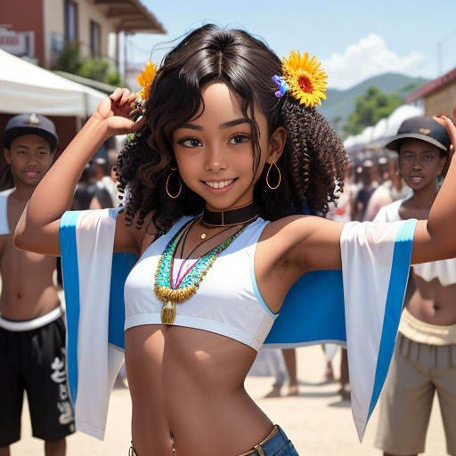 a young girl in a bikini top and shorts with a flower in her hair and a scarf around her neck