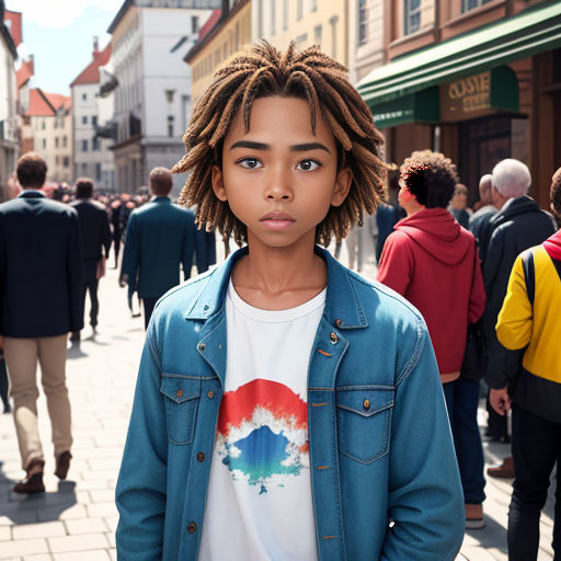 a young man with dreadlocks standing in a crowded street in a city with people walking around him