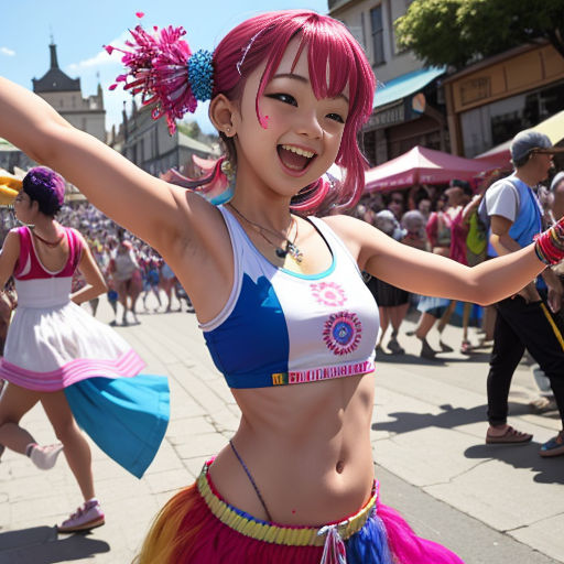 a woman in a colorful outfit dancing on a street with other people in the background and a crowd of people walking around