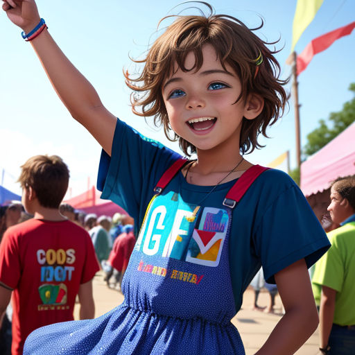 a young girl in a blue dress holding a frisbee in her hand and smiling at the camera