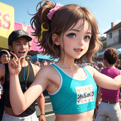 a girl in a blue top is dancing in a crowd of people in a street with a man in the background