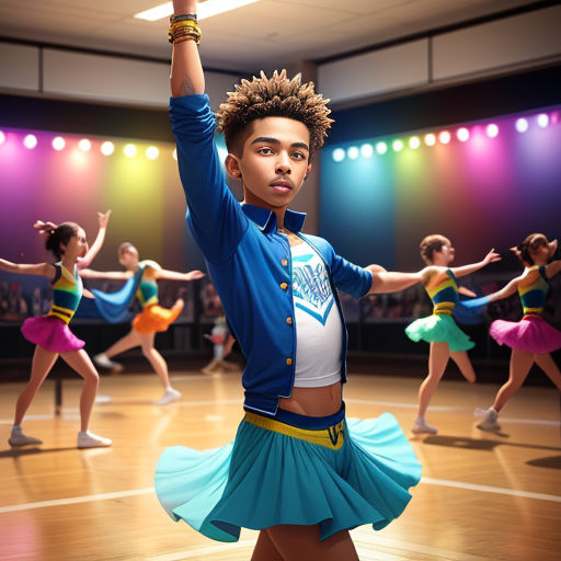 a group of young people dancing on a dance floor in a dance studio with lights on the ceiling and a stage behind them