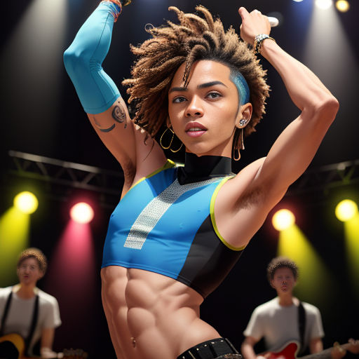 a woman with dreadlocks and a blue top on a stage with a guitar and a band behind her
