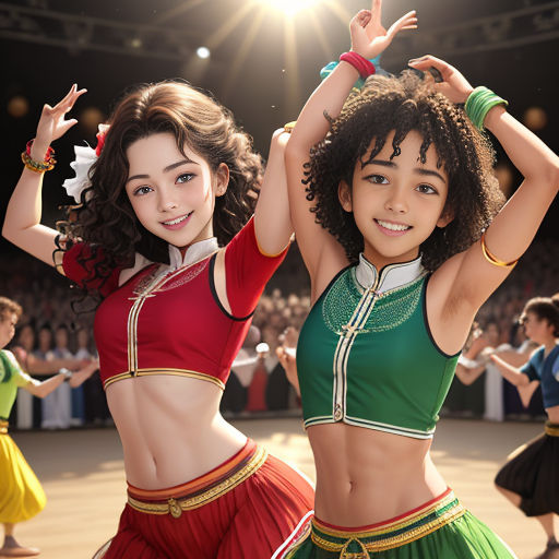 two young women in colorful outfits dancing in a dance studio with a crowd of people in the background watching