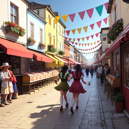 a group of people walking down a street next to a building with flags hanging from it's sides