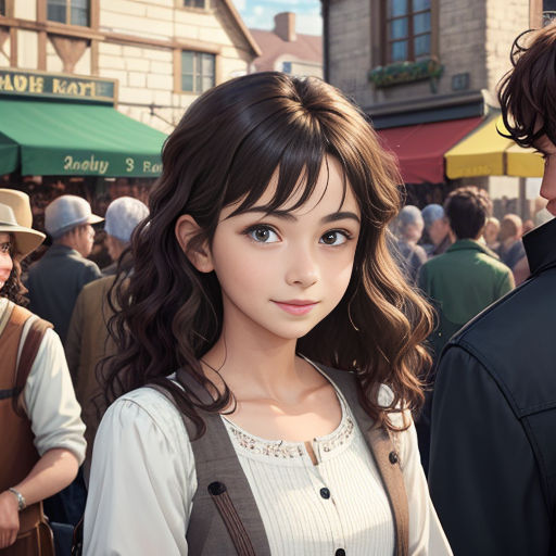 a young girl and a young man standing in front of a crowd of people in a city square, looking at each other