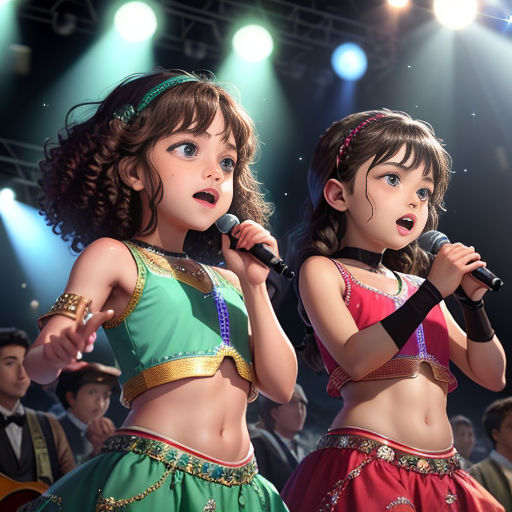 two young girls in colorful outfits singing into microphones in front of a crowd of people on stage with lights