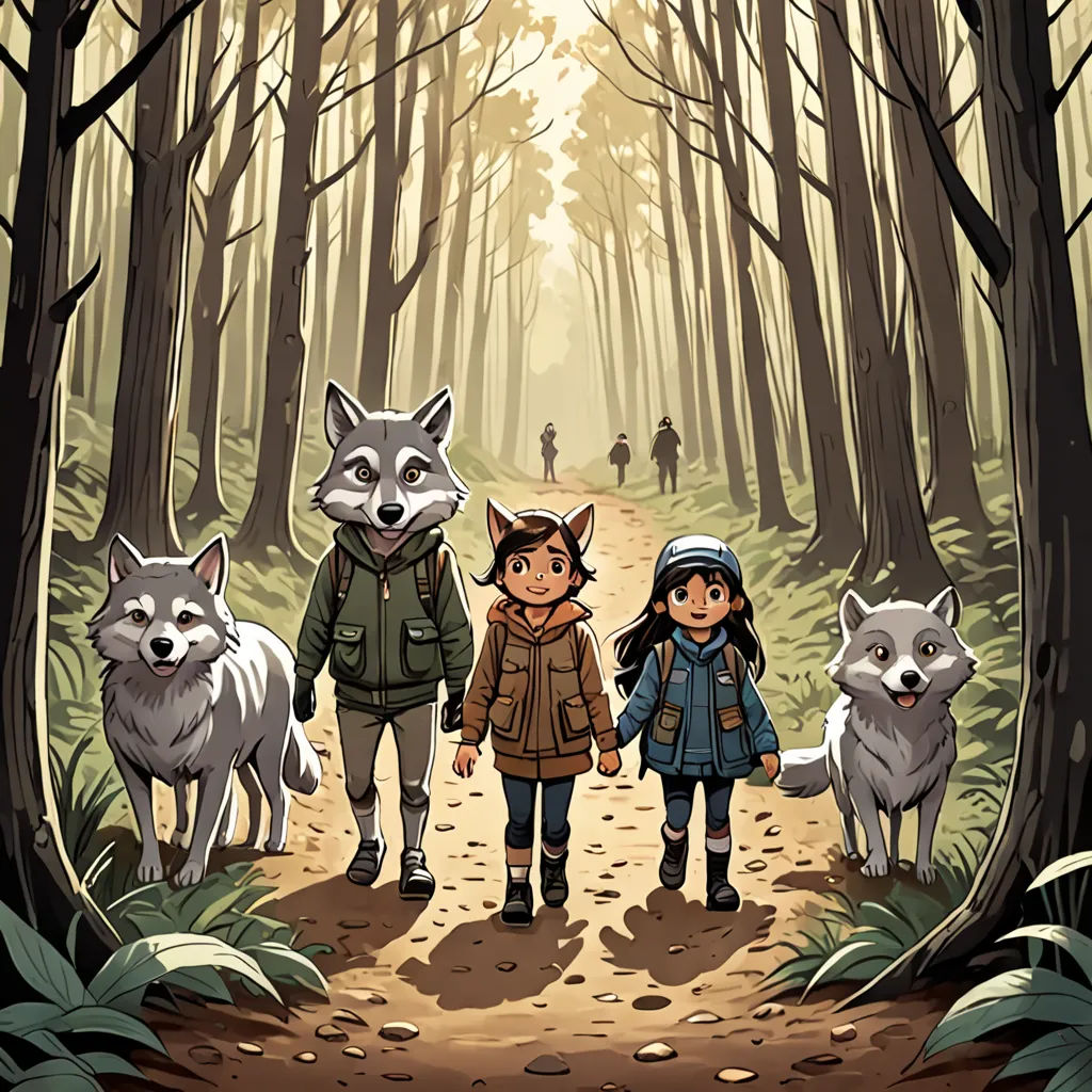 a group of people walking down a forest path with animals on either side of them and a forest scene in the background, furry art, a storybook illustration, Diego Gisbert Llorens, comic cover art