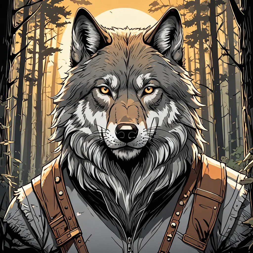 a wolf with a leather vest and a full moon in the background with trees and branches in the foreground, furry art, a character portrait, Dan Mumford, comic cover art