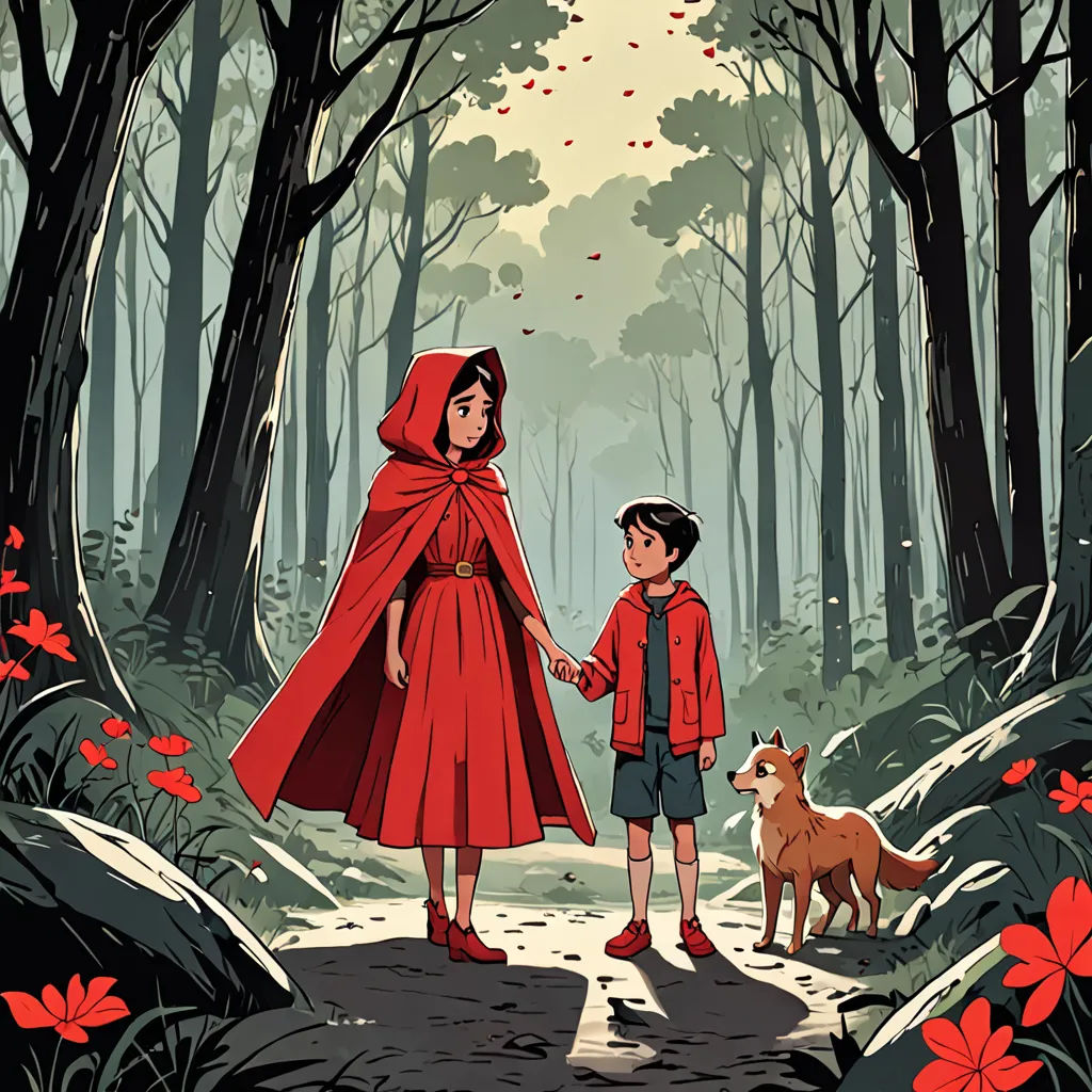 a boy and a girl are walking in the woods with a dog and a red cape on their heads, serial art, a storybook illustration, Atey Ghailan, comic cover art