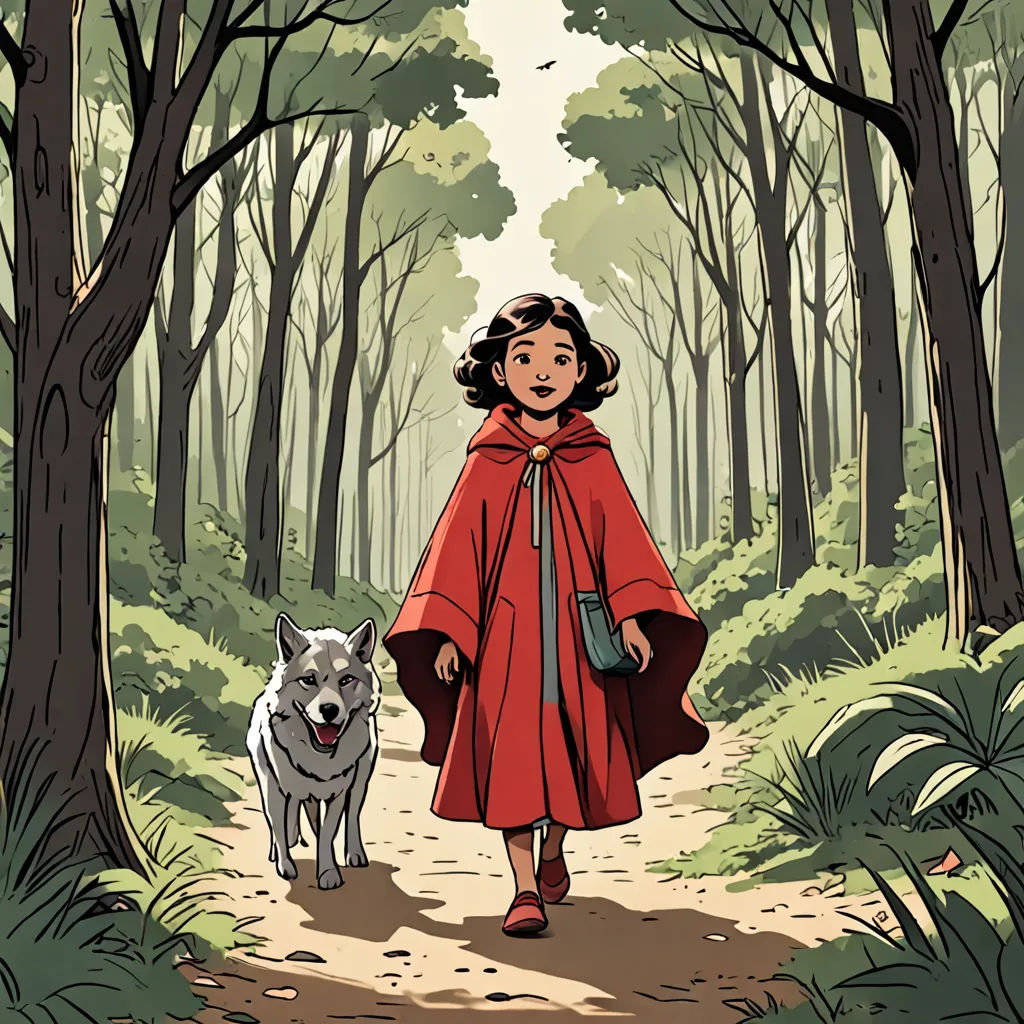 a woman in a red coat walking a dog in a forest with trees and bushes on either side of her, process art, a comic book panel, Asaf Hanuka, comic cover art