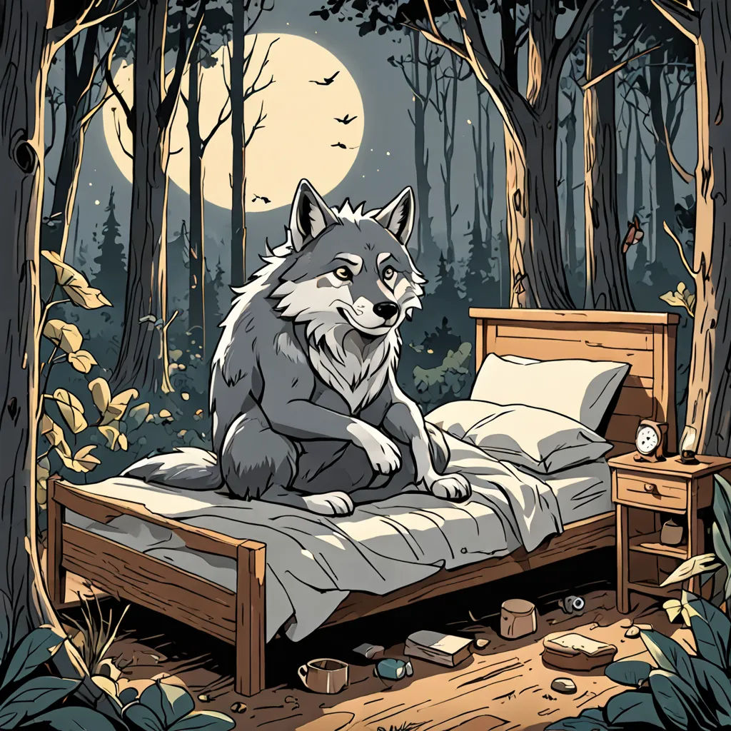 a wolf sitting on a bed in a forest with a full moon in the background and a forest scene, furry art, a storybook illustration, Cyril Rolando, furaffinity
