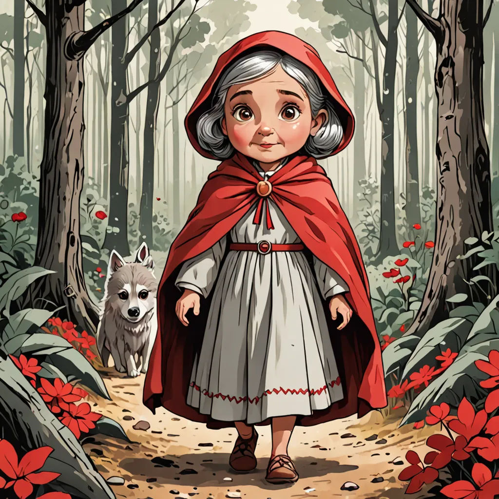 a little red riding hood in the woods with a wolf behind her and a red cape on her head, fantasy art, a storybook illustration, Colin Middleton, storybook illustration