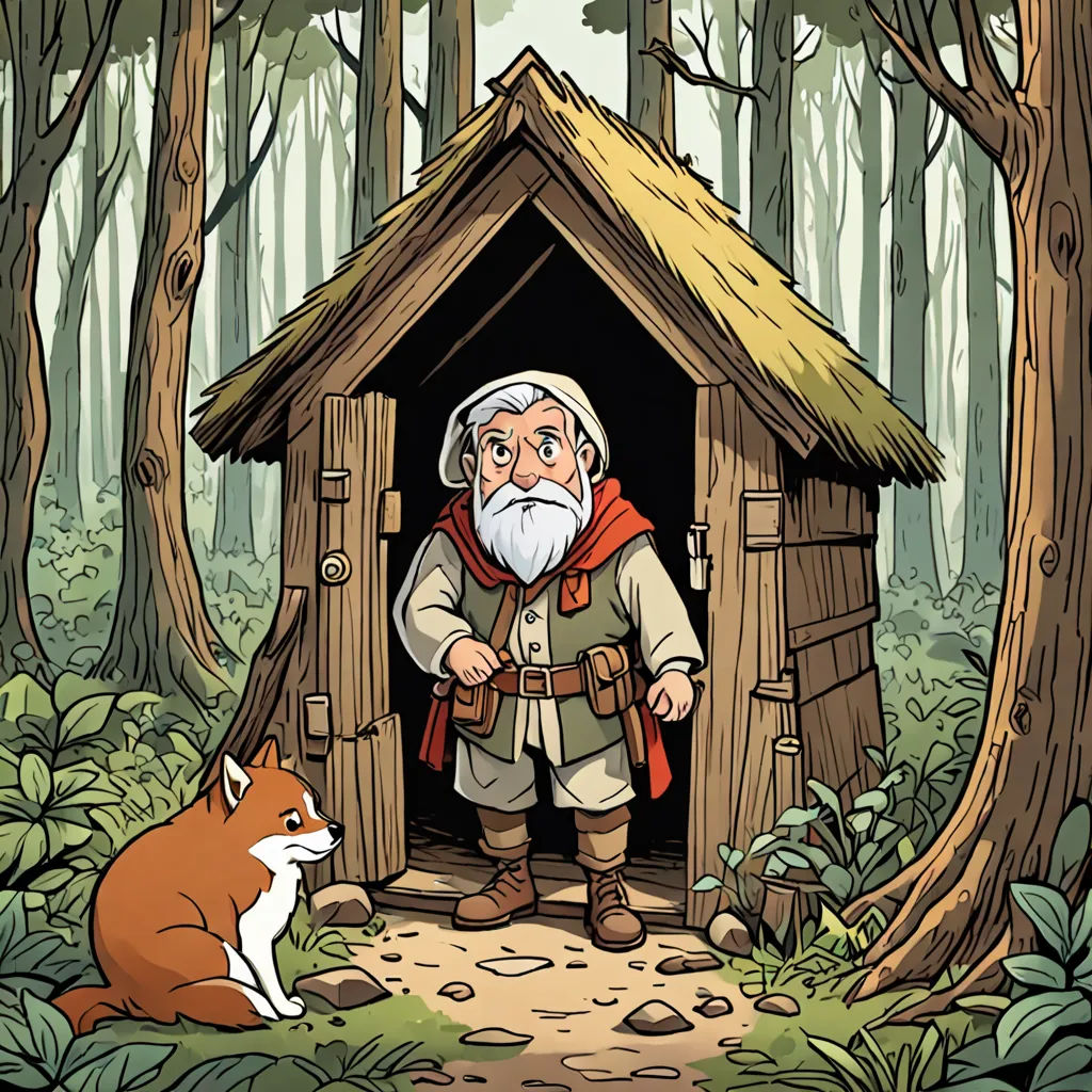 a man standing in a small cabin in the woods with a fox nearby and a dog sitting in the doorway, fantasy art, a storybook illustration, Diego Gisbert Llorens, storybook illustration