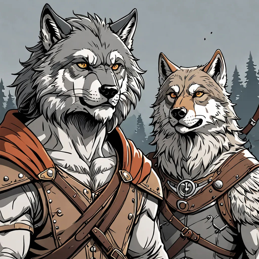 two wolfs with armor and a sword in their hands, one of them is wearing a helmet and the other is wearing a vest, furry art, a character portrait, Cedric Seaut (Keos Masons), epic fantasy character art