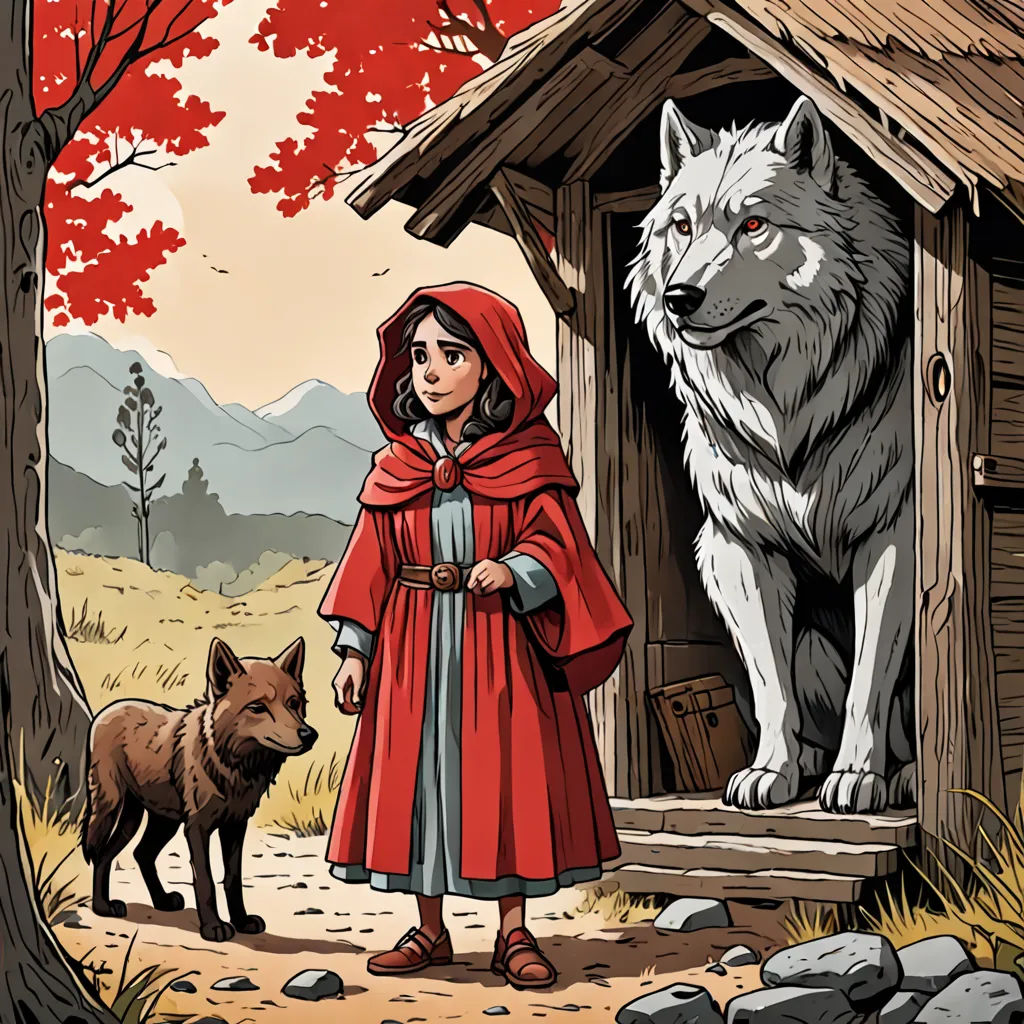 a little red riding hood standing next to a wolf and a little girl in a red cape and red hood, fantasy art, a storybook illustration, Bob Ringwood, storybook illustration