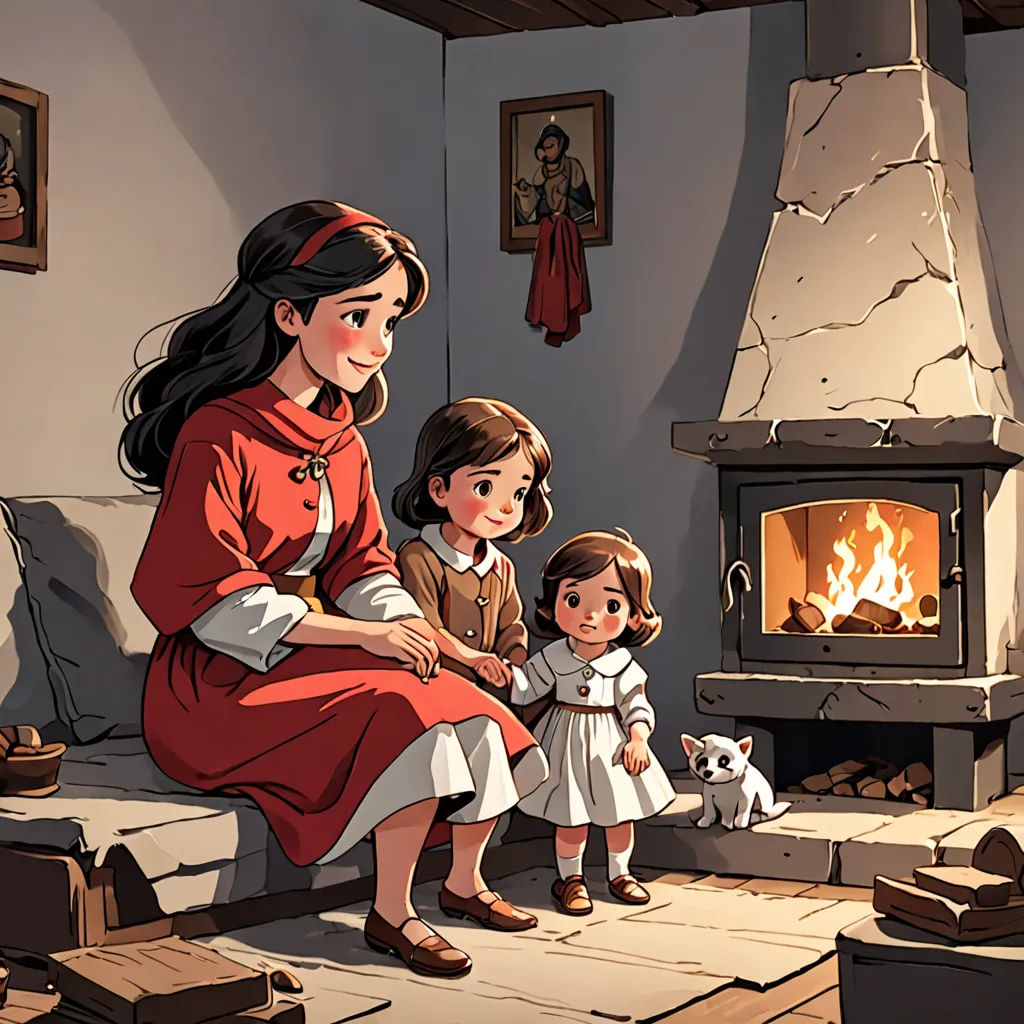 a woman and two children sitting in front of a fireplace with a dog and a cat on the floor, socialist realism, a storybook illustration, Anne Said, storybook illustration