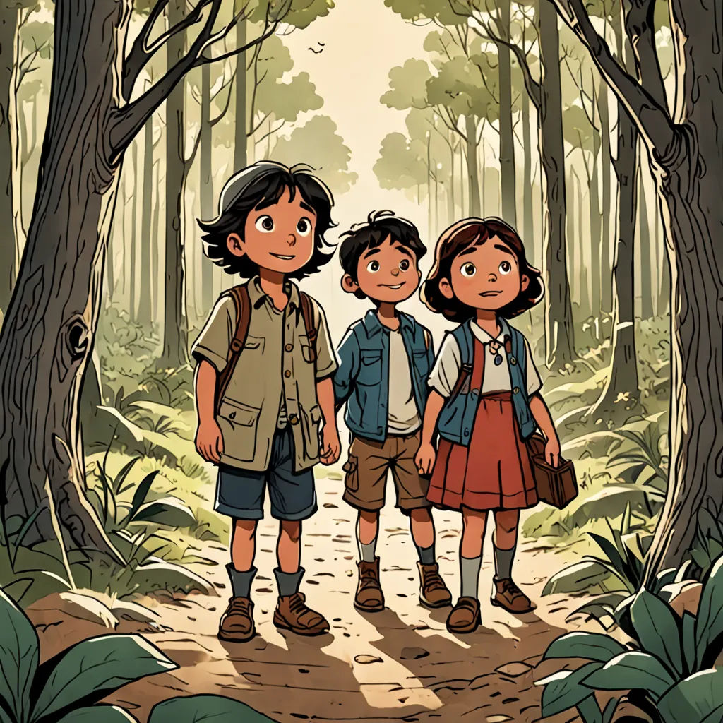 three children standing in the woods with trees and plants around them, looking at the camera and smiling at the viewer, serial art, a storybook illustration, Diego Gisbert Llorens, official art