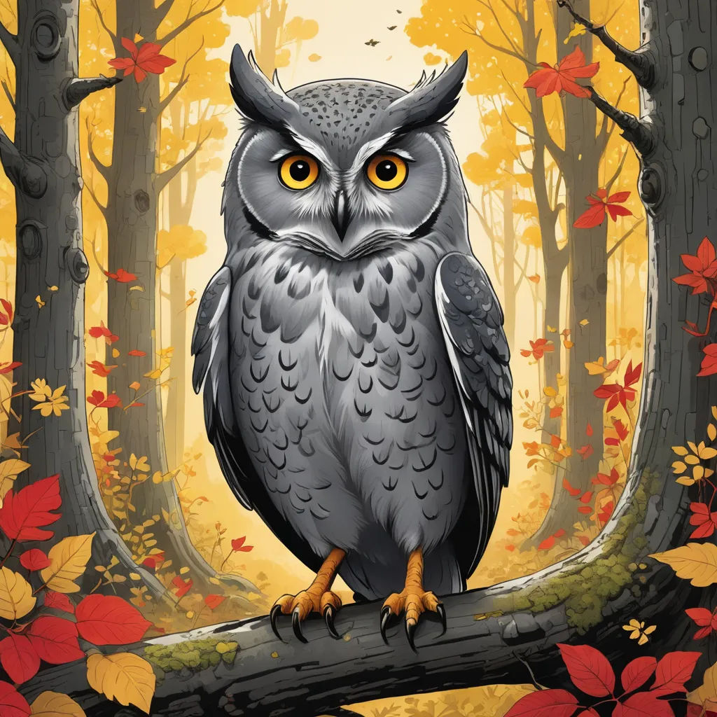 a painting of an owl sitting on a branch in a forest with leaves and trees in the background, with a yellow light coming from the eyes, fantasy art, a storybook illustration, Dan Mumford, storybook illustration