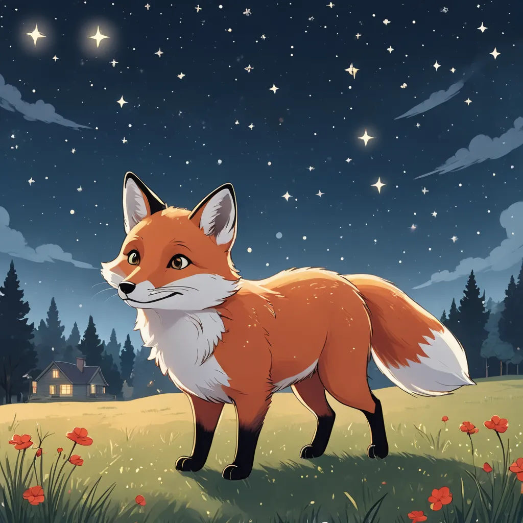 a fox standing in a field of grass under a night sky with stars and clouds above it, with a house in the distance, space art, a storybook illustration, Caspar Wolf, night sky