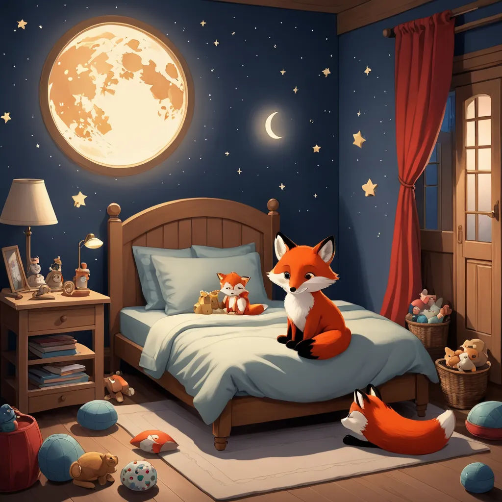 a bedroom with a bed, night stand, and a fox sitting on the bed in front of the window, space art, a storybook illustration, Chris LaBrooy, storybook illustration