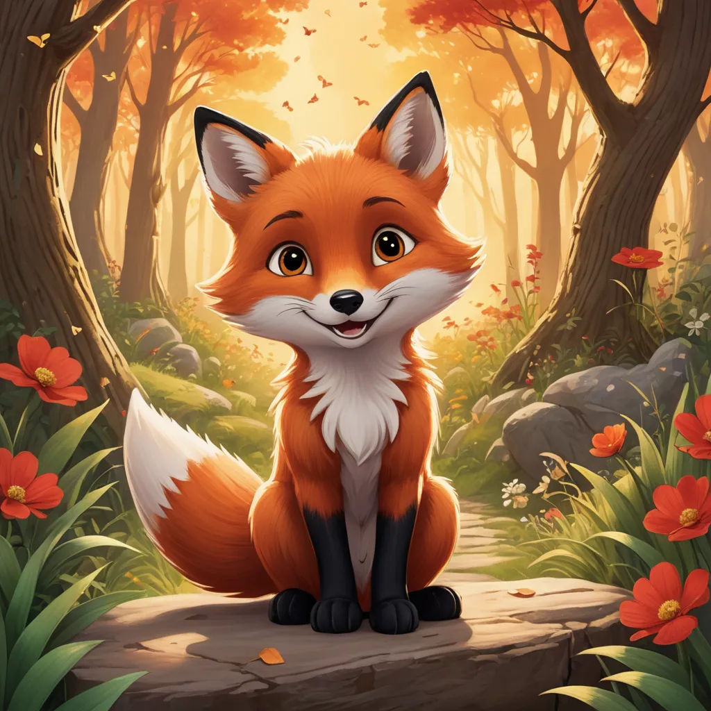 a red fox sitting on a rock in a forest with flowers and trees around it, looking at the camera, furry art, a storybook illustration, Anne Said, official art
