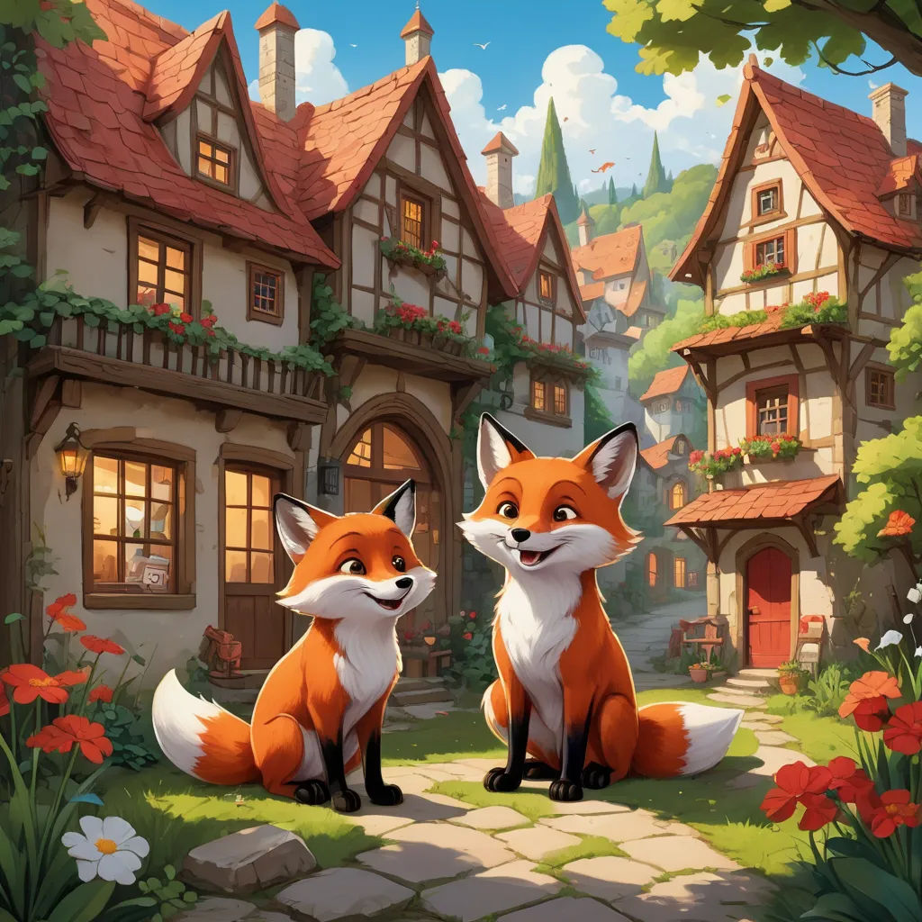 a couple of foxes sitting next to each other on a field of flowers and a house with red roof, furry art, a storybook illustration, Brothers Hildebrandt, kinkade