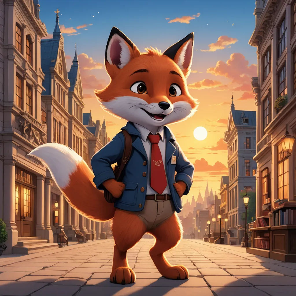 a fox in a suit and tie standing on a street at sunset with a city background and a building, furry art, a character portrait, David Young Cameron, official art