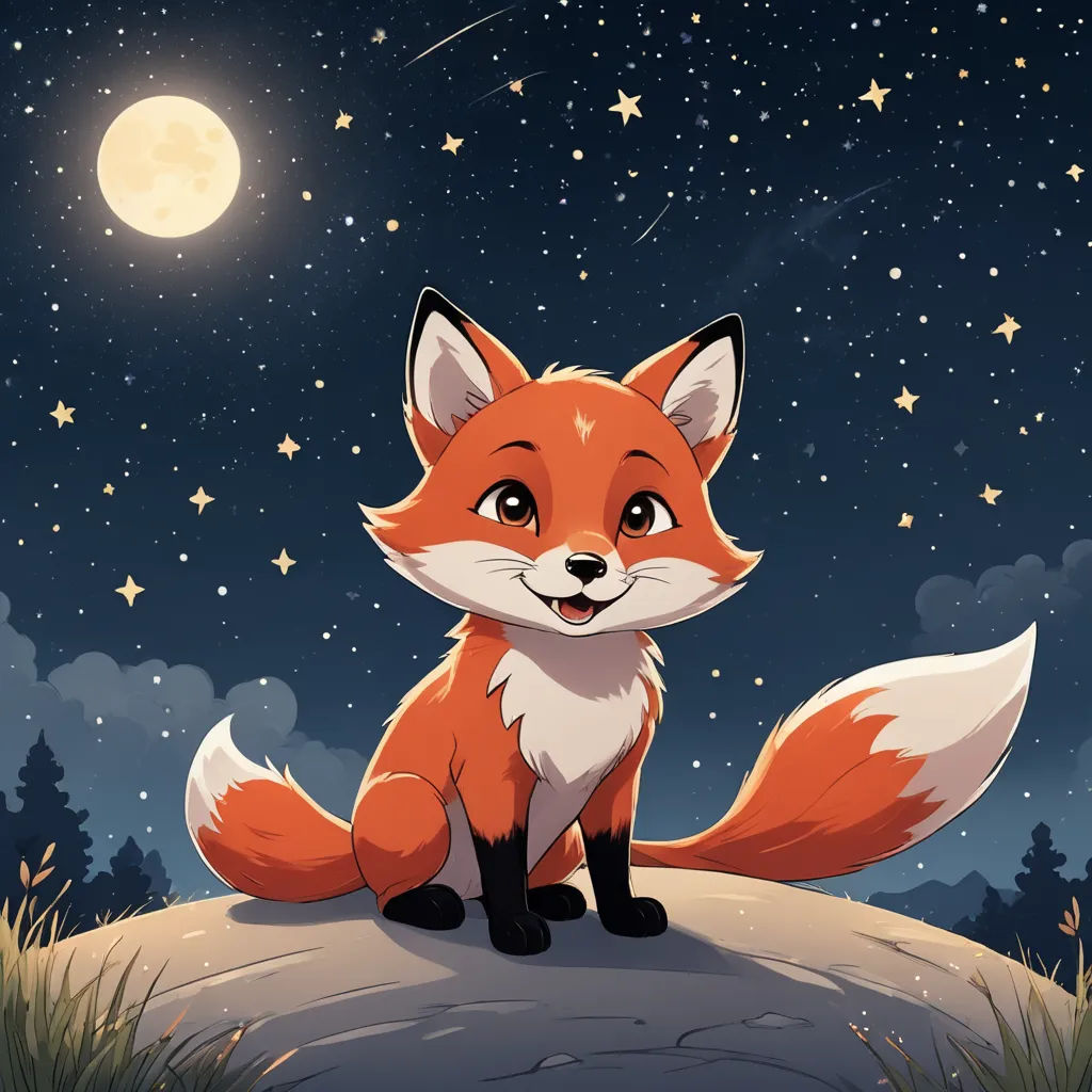 a fox sitting on a hill at night with stars in the sky above it and a full moon in the sky, space art, a storybook illustration, Caspar Wolf, night sky