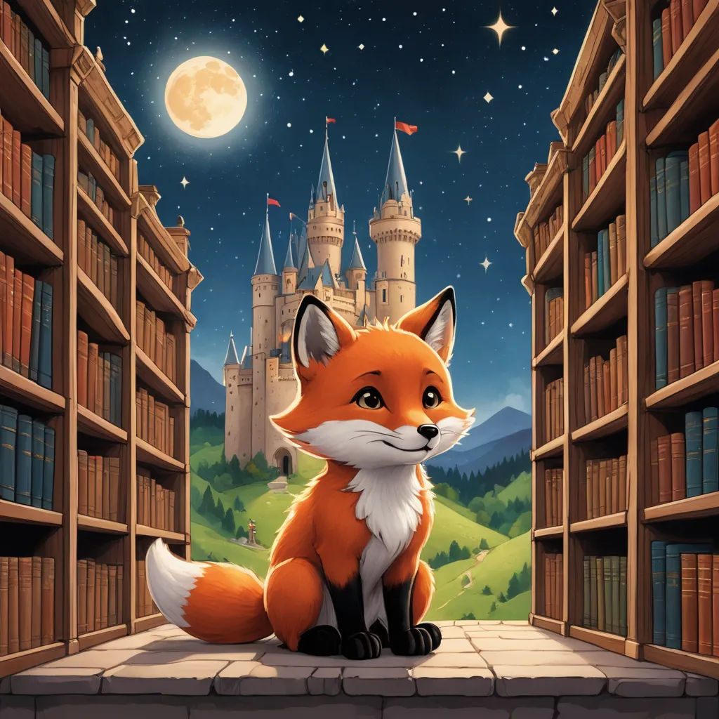 a red fox sitting in a library with a castle in the background and a full moon in the sky, fantasy art, a storybook illustration, Chris LaBrooy, storybook illustration