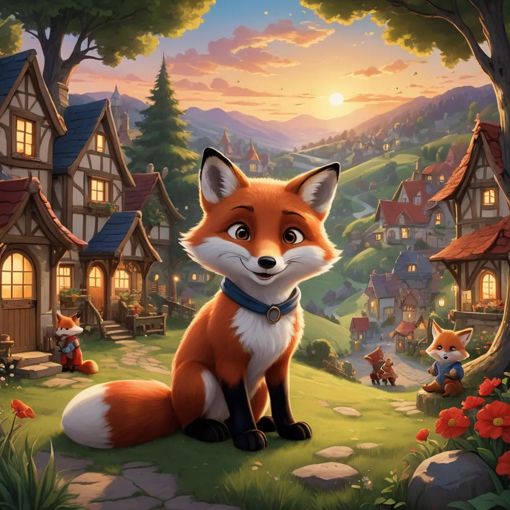 a fox sitting in the grass near a forest with houses and flowers in the background at sunset or dawn, sots art, a storybook illustration, Chris LaBrooy, kinkade