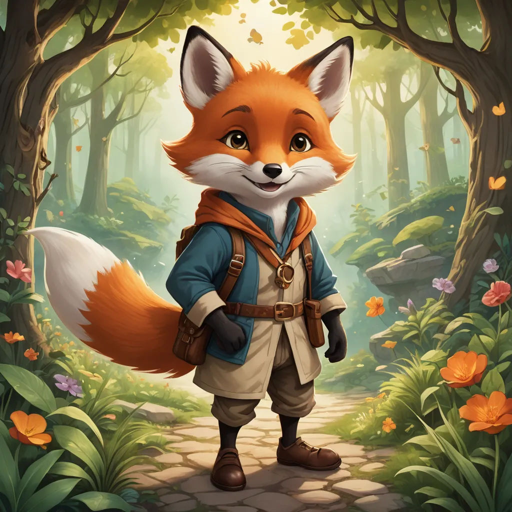 a fox with a backpack is standing in the woods with flowers and trees around him, looking at the camera, furry art, a character portrait, Cliff Childs, official art