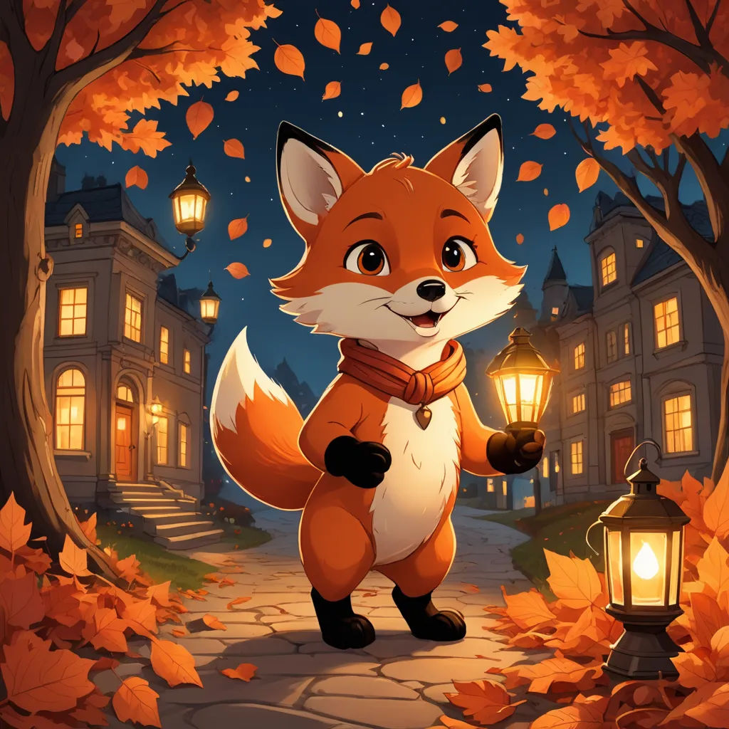 a cartoon fox is standing in a leafy area with a lantern in the background and a house in the background, furry art, a storybook illustration, Cliff Childs, autumn