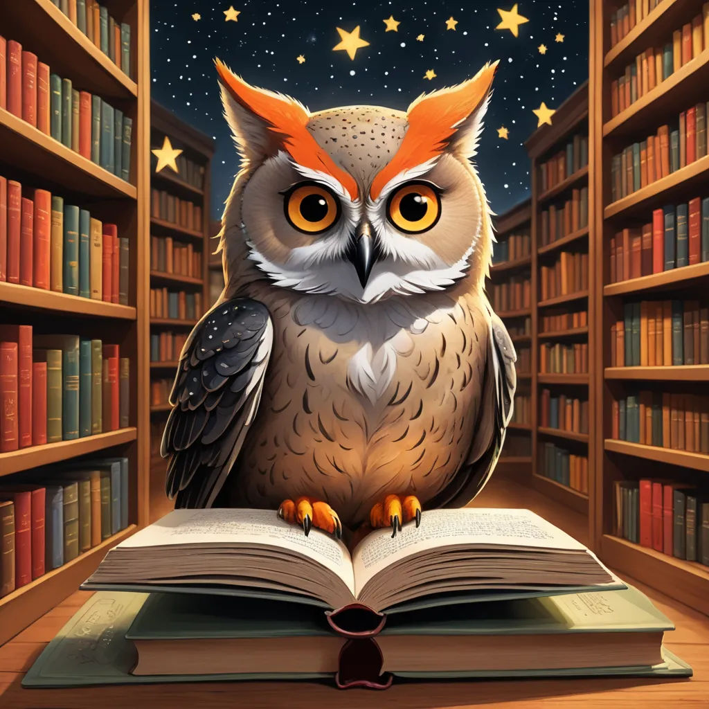 an owl sitting on a book in a library with bookshelves and stars in the background, with a full moon and stars in the sky, fantasy art, a storybook illustration, Chris LaBrooy, storybook illustration