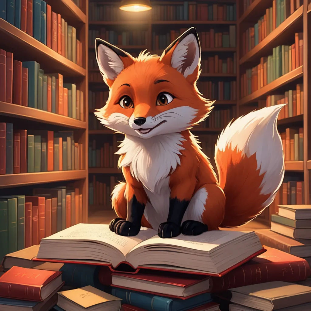 a fox sitting on top of a book in a library filled with books and a lamp above it's head, furry art, a storybook illustration, Cyril Rolando, storybook illustration