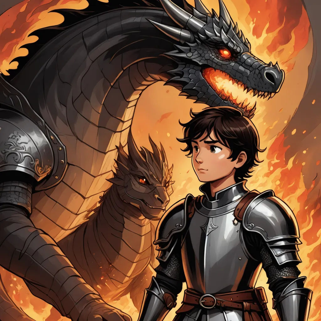 a young man standing next to a dragon on a fire background with a sword in his hand and a knight in front of him, fantasy art, a storybook illustration, Diego Gisbert Llorens, comic cover art