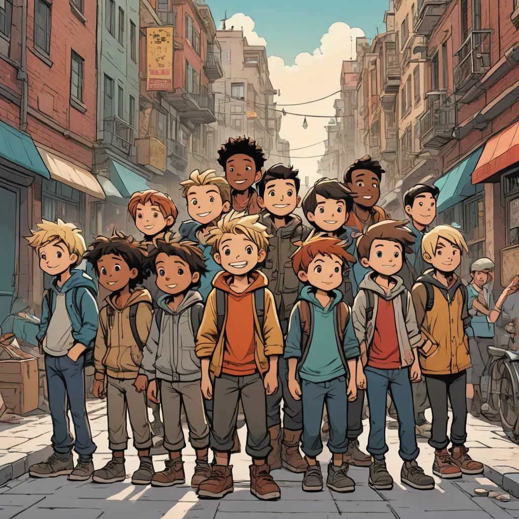 a group of young boys standing in front of a street with buildings in the background and a cartoon of a group of young boys standing in front of them, paris school, a comic book panel, Cliff Childs, official art
