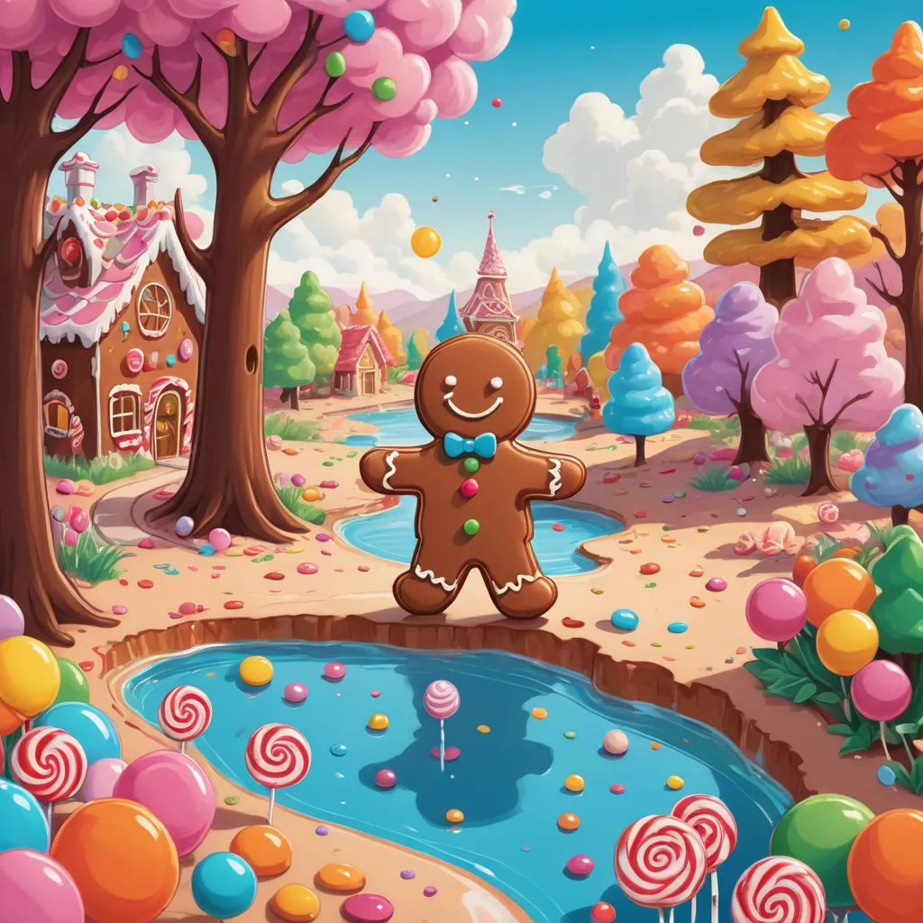 a gingerbread man is standing in the middle of a candy land with a pond and a lot of candy, pop surrealism, a storybook illustration, Chris LaBrooy, highly detailed digital art
