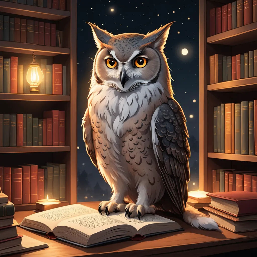 a owl sitting on a book in a library with a full moon in the background and bookshelves, fantasy art, a storybook illustration, Chris LaBrooy, storybook illustration