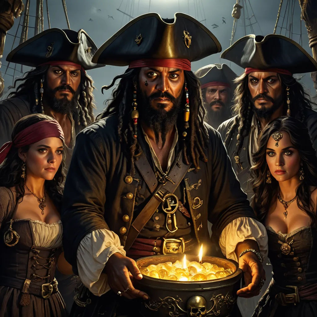a group of pirates standing around a pot of gold with a candle in it's hand and a pirate's chest in the background, serial art, poster art, Drew Struzan, key art