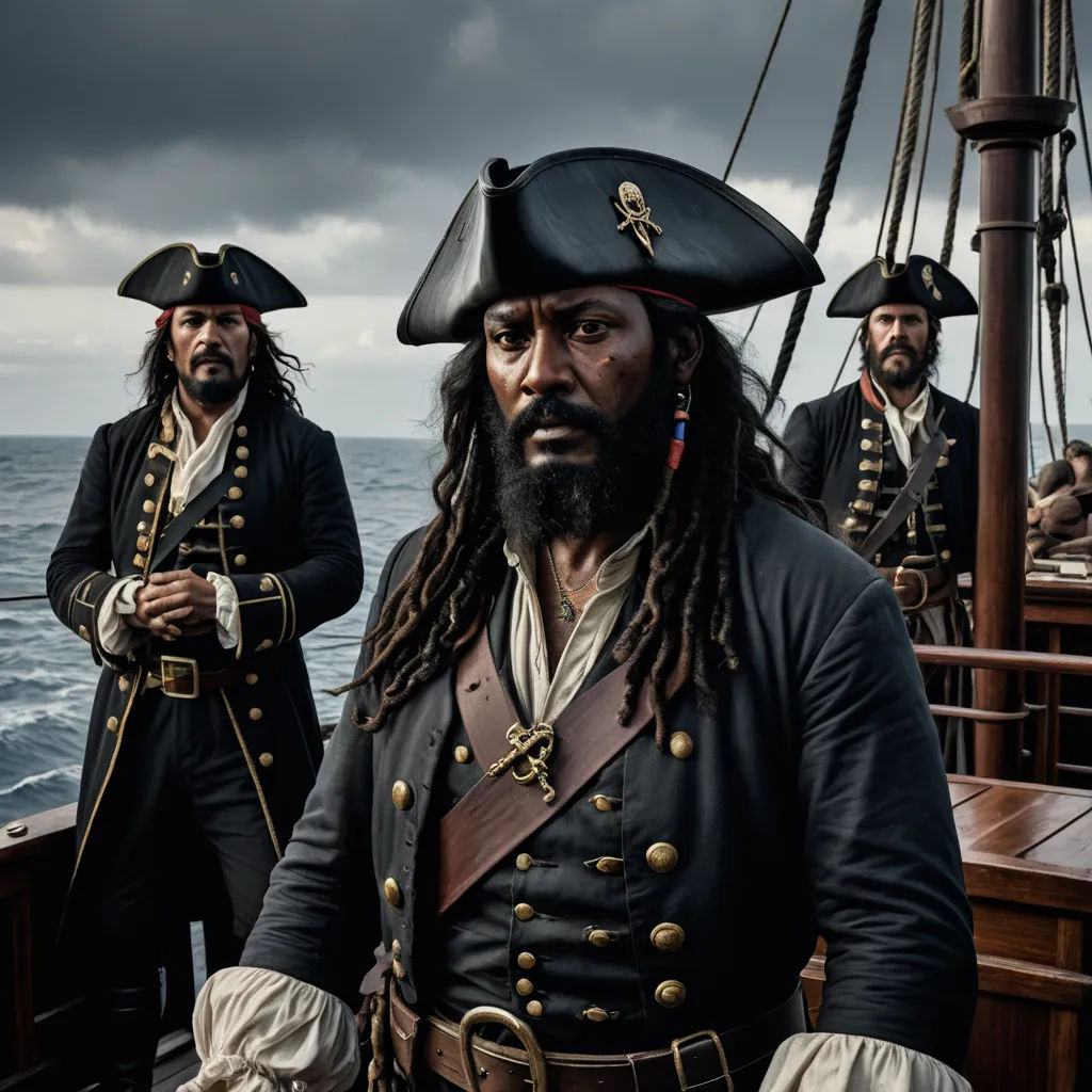 a group of men in pirate costumes on a boat in the ocean with a stormy sky behind them and a ship in the background, renaissance, a character portrait, Felipe Seade, promotional image