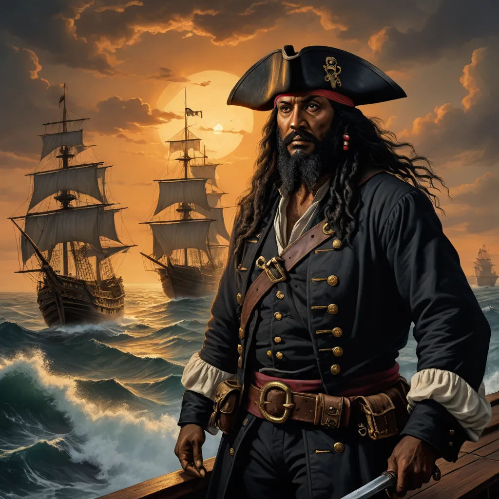 a painting of a pirate standing on a boat in the ocean with a full moon in the background and a ship in the water, american scene painting, a character portrait, Felipe Seade, highly detailed digital painting