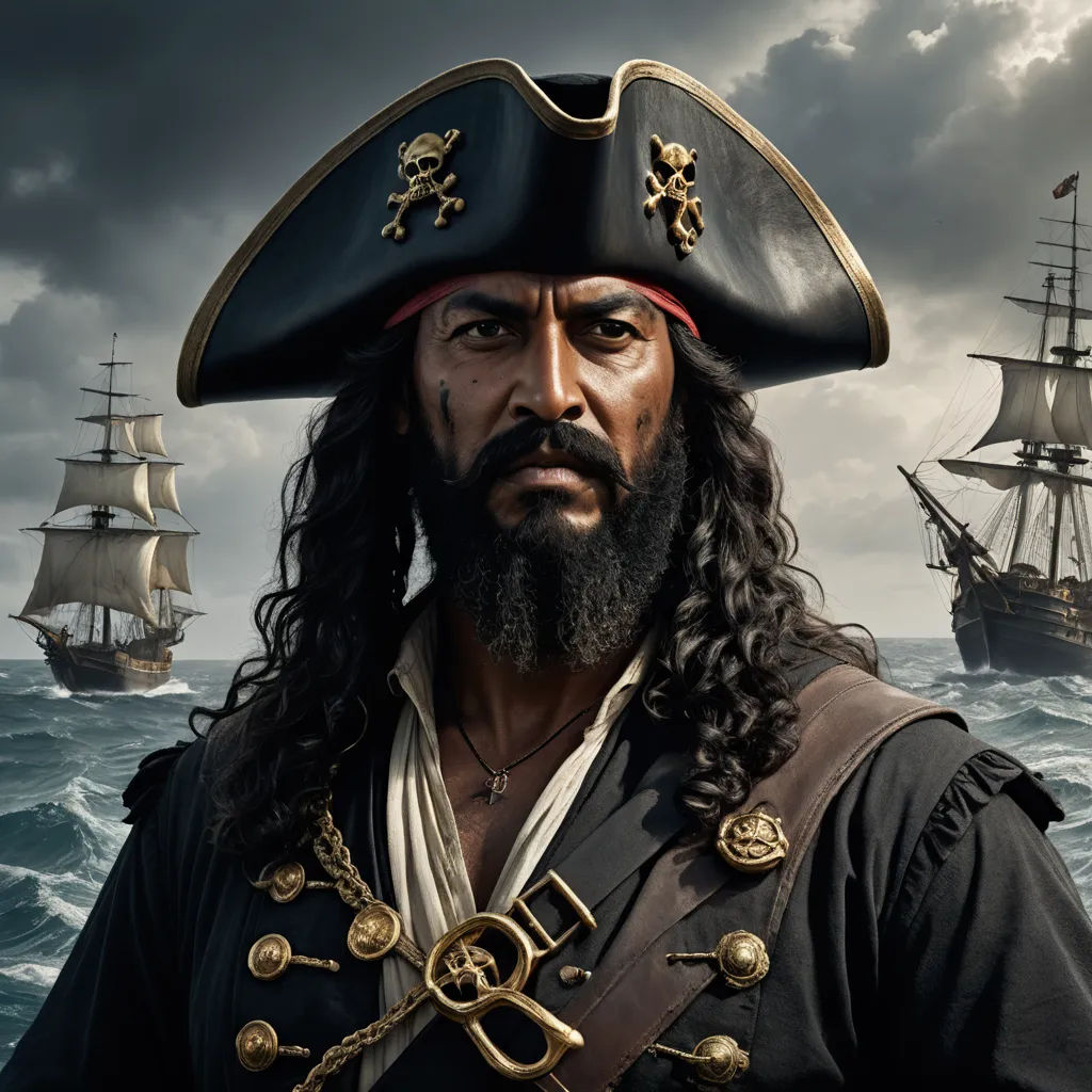 a man in a pirate costume standing in the ocean with a ship in the background and a cloudy sky, photorealism, a character portrait, Altoon Sultan, promotional image