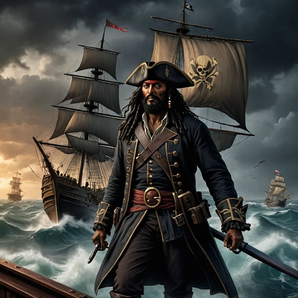 a pirate with a sword and a gun in his hand standing on a boat in the ocean with a ship in the background, fantasy art, a detailed matte painting, Altoon Sultan, highly detailed digital painting